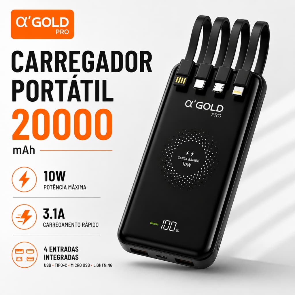 Carregador Portátil Sem Fio 20000mAh - Power Bank A`gold Pro Indução Bte-21