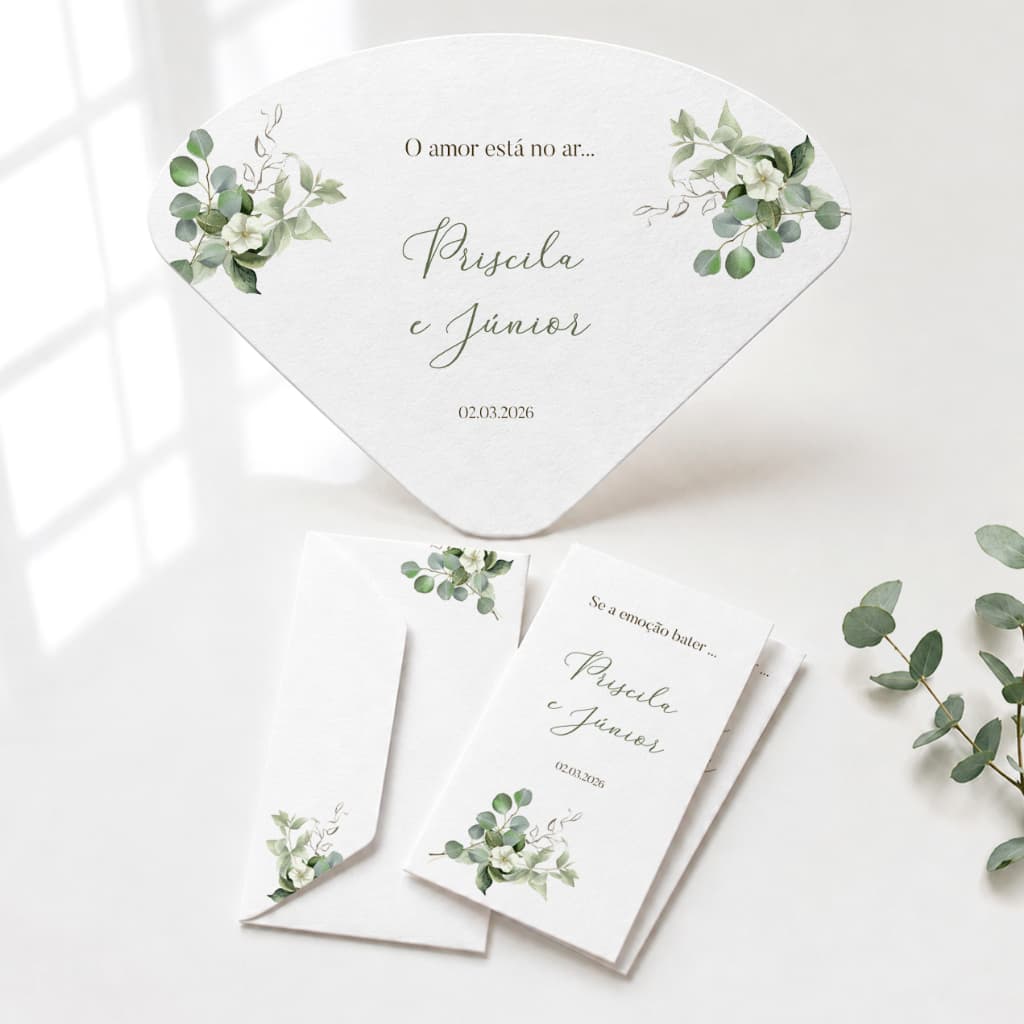 Kit Lenços Lágrimas de Alegria Ventarola Leque para Casamento Personalizado com Nomes e Data (09 dias úteis de produção)