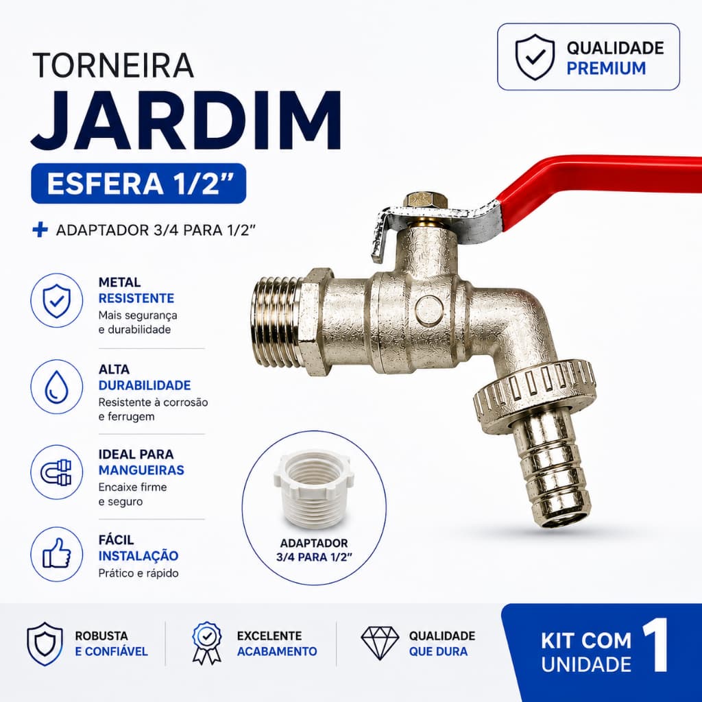 Torneira Jardim Esfera 1/2 com Adaptador 3/4 para 1/2 | 1 Unidade | Metal Reforçado Alta Durabilidade