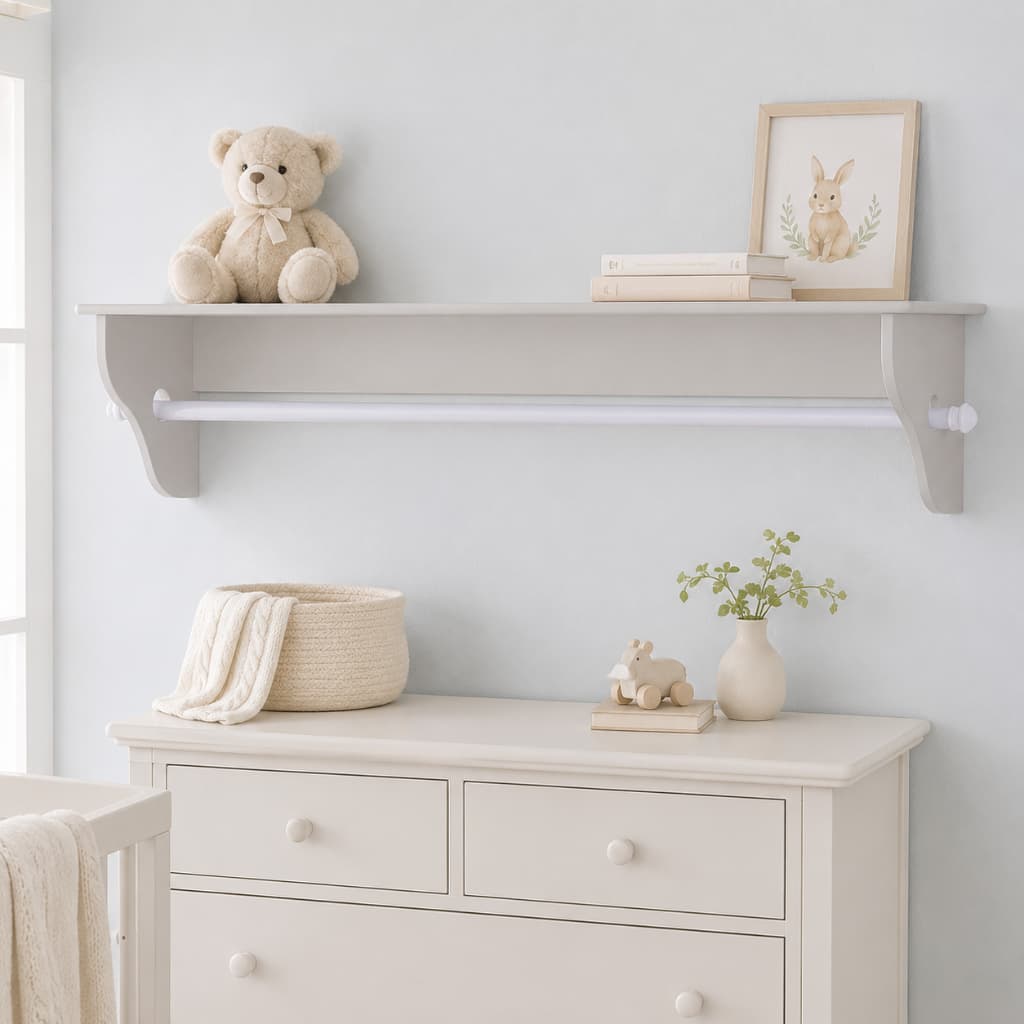 Prateleira Com Porta Fraldas e Roupinhas 1m MDF Branco | Organização Quarto Infantil