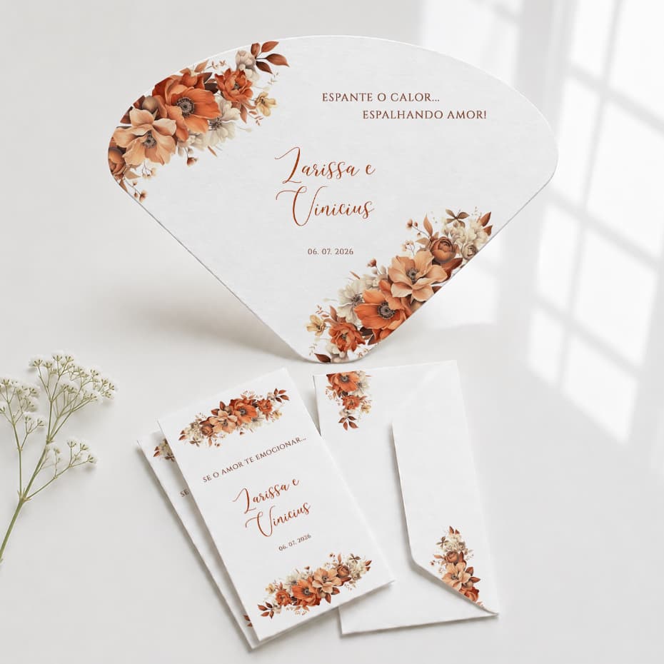 Kit Lágrimas de Alegria e Ventarola Leque Casamento Personalizado Terracota Laranja Dourado 2026