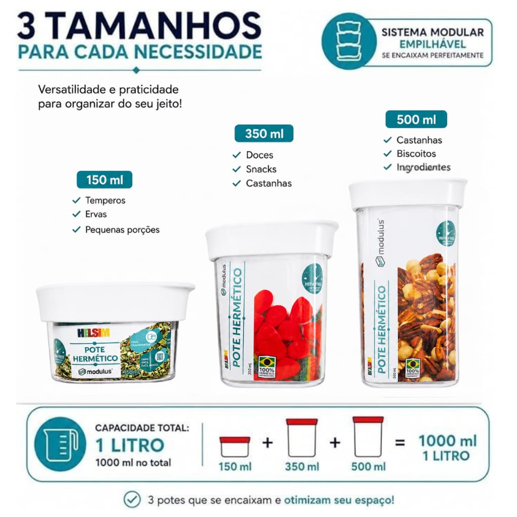 Kit 3 Potes Herméticos Empilháveis Helsim Modulus 150ml 350ml 500ml para Organização de Alimentos