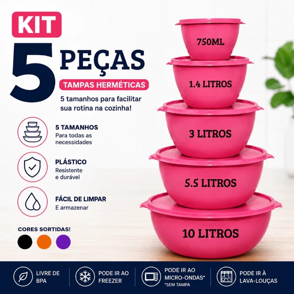 Kit 5 Potes Plásticos Saladeira com Tampa Vedação Hermética Diversas Cores Kit Cozinha