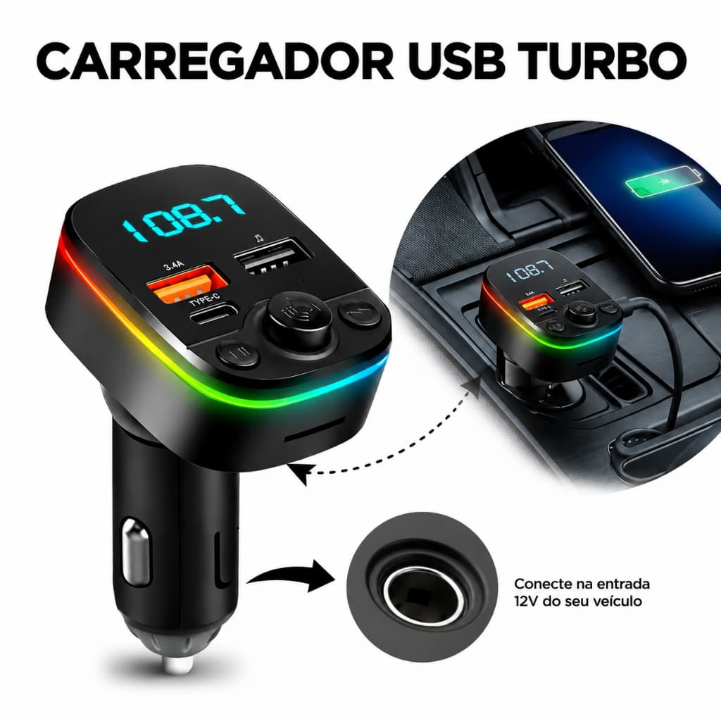 Carregador USB Turbo PD 20W Carro TYPE-C Transmissor Receptor FM Bluetooth Veicular X8 MP3 Rádio Com Luz LED Arco-Íris