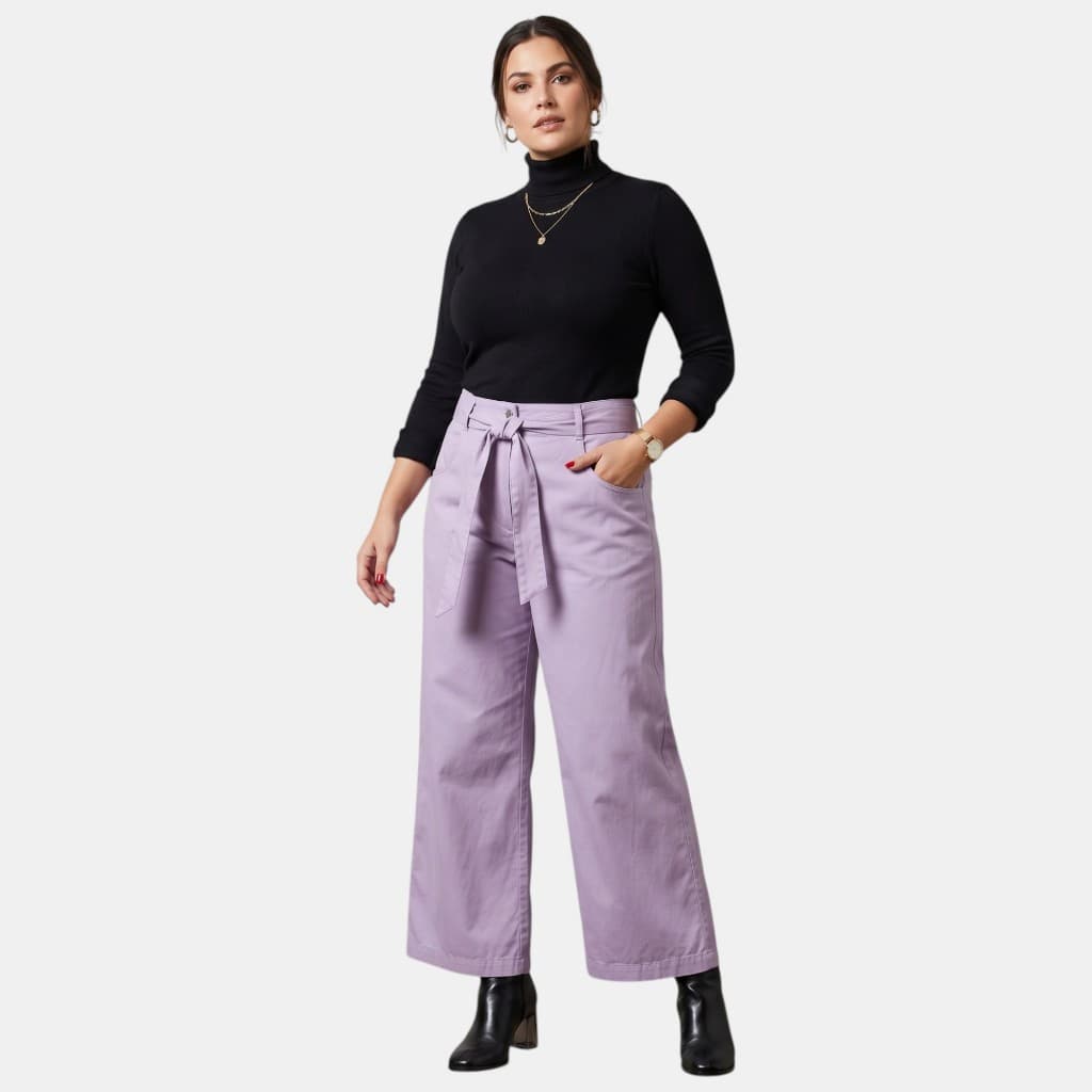 Calça Pantalona Feminina Lilás Cintura Alta com Faixa Amarração 4 Bolsos Funcionais Moderno Elegante