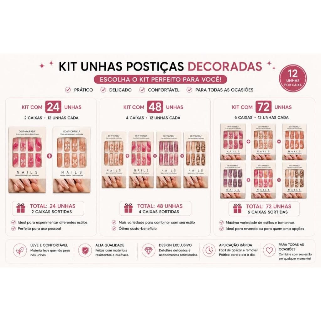 Kit Unhas Postiças Decoradas 24 48 72 Unhas Quadrada Bailarina Estileto Francesinha