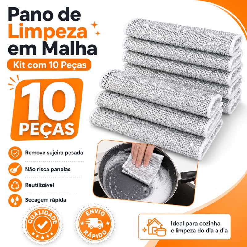 Kit 10 Peças Pano de Limpeza Malha Metálica e Microfibras Resistente Sem Acumulo de Sujeira