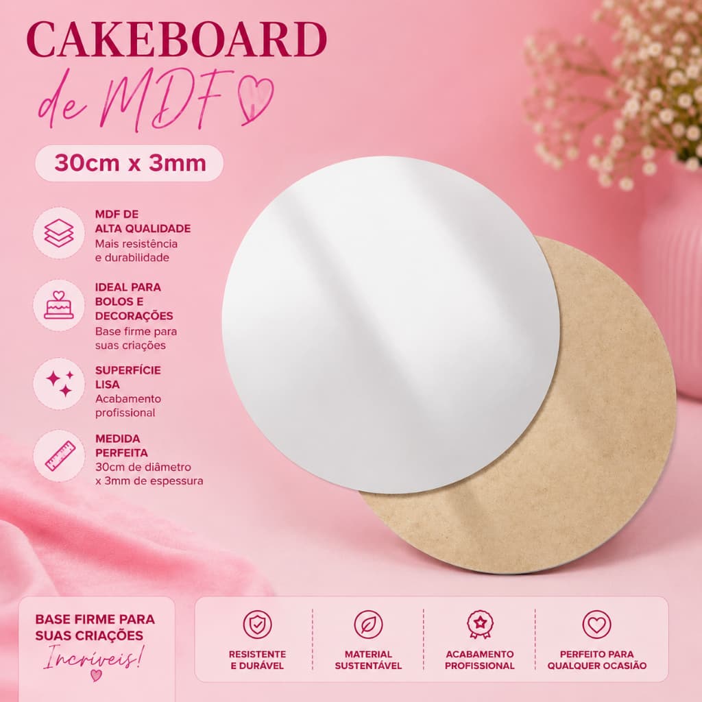 Cake Board 30cm Base Tabuleiro Para Bolo Confeitaria  MDF Branco Super Resistente Alta Durabilidade