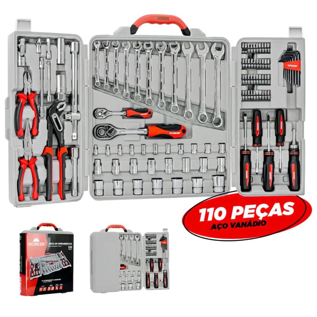 Jogo de Ferramentas 110 Peças Worker Com Maleta Kit Completo Catraca Soquetes Profissional