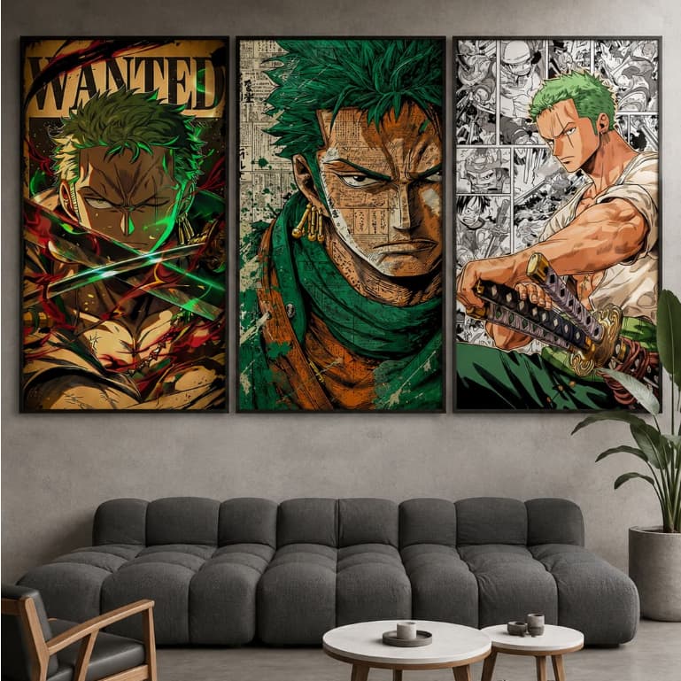 Kit Quadro Decorativo 3 Peças One Piece Anime Zoro Exclusivo Fã Sala Quarto