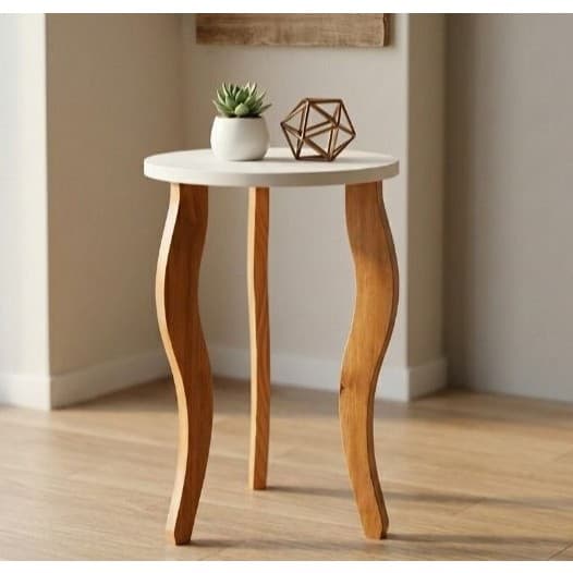Mesa de Apoio Redonda Mesa Lateral  Mesinha de Canto Pé Palito Curvo de MDF Borda Branca