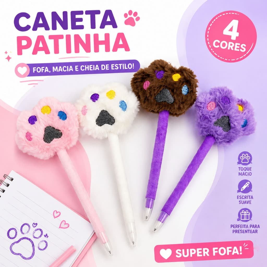 Caneta Esferográfica 4 Cores Patinha de Gato Pelúcia Fofa Material Escolar Presente Criativo 22980