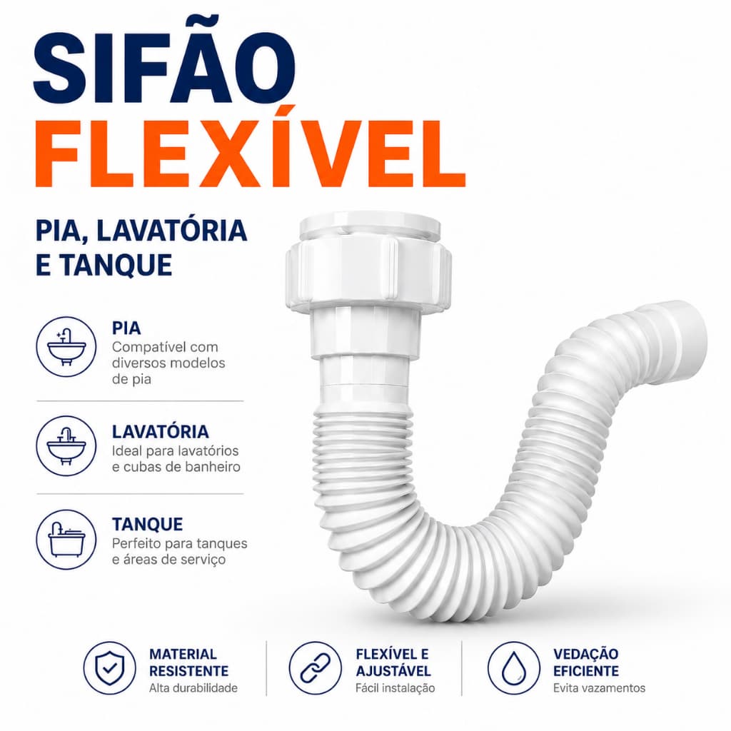 Sifão Universal Flexível Branco ABS Para Pia Lavatório Tanque Ajustável | Kit 1 a 5 Unidades