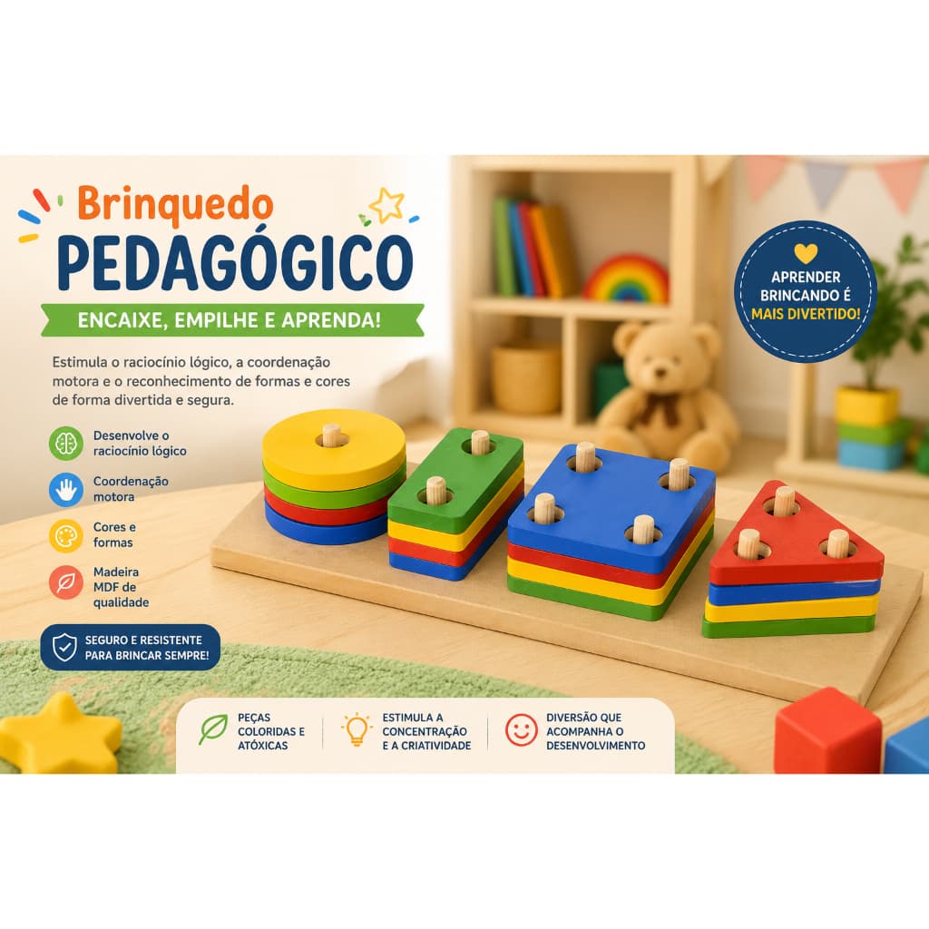 Brinquedo Pedagógico Infantil MDF Encaixe Formas Geométricas Coordenação Motora
