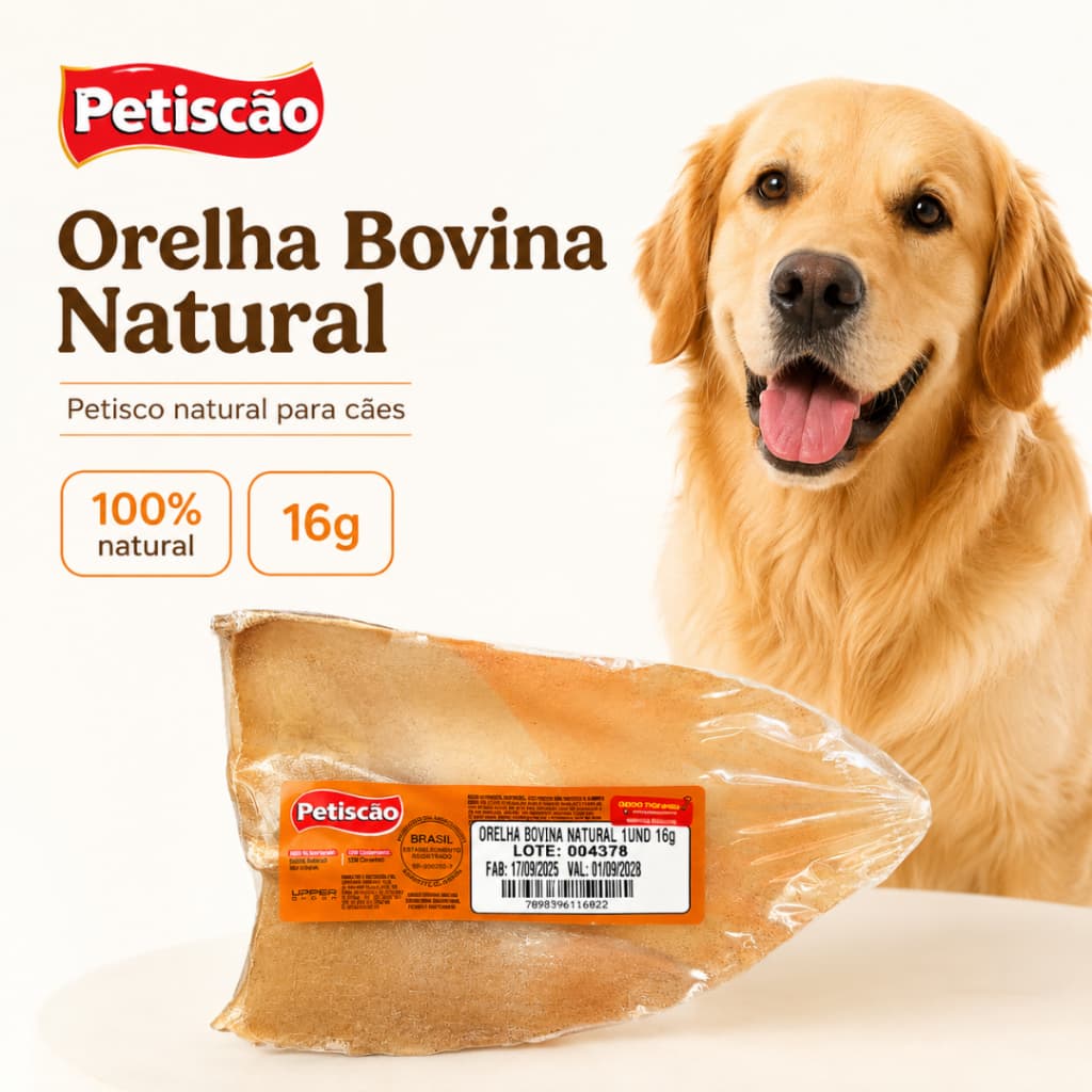 Petisco Natural Orelha Bovina para Cachorro Petiscão 16g – Mordedor Canino para Mastigação