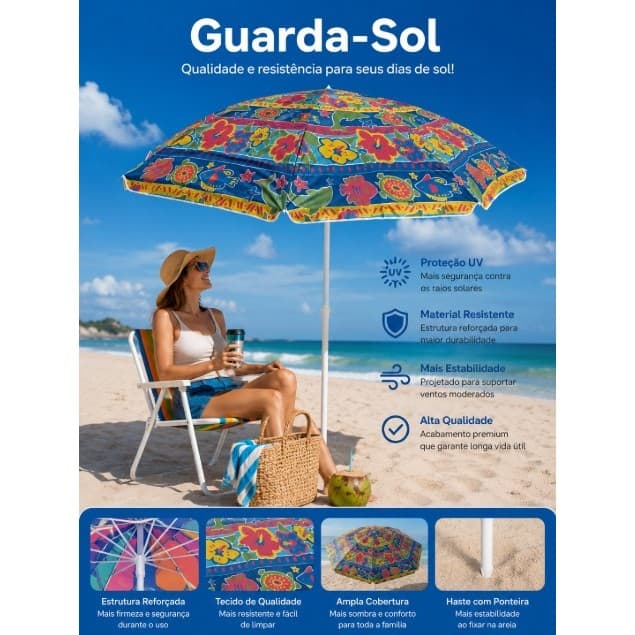 Guarda-Sol Articulável 1,9m Reforçado Alta Resistência UV Praia Piscina Estampa Florida -Wincy