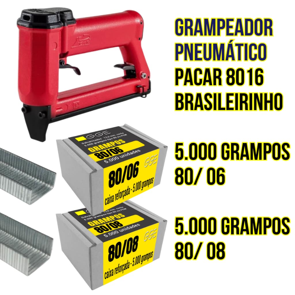Grampeador Pneumático Pacar + 5.000 Grampos Pcw 80/06 E 80/08