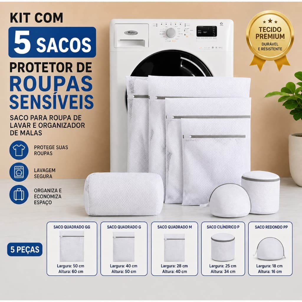 Kit com 5 Sacos Protetores para Roupas Sensíveis – Lavagem Segura e Organização de Malas