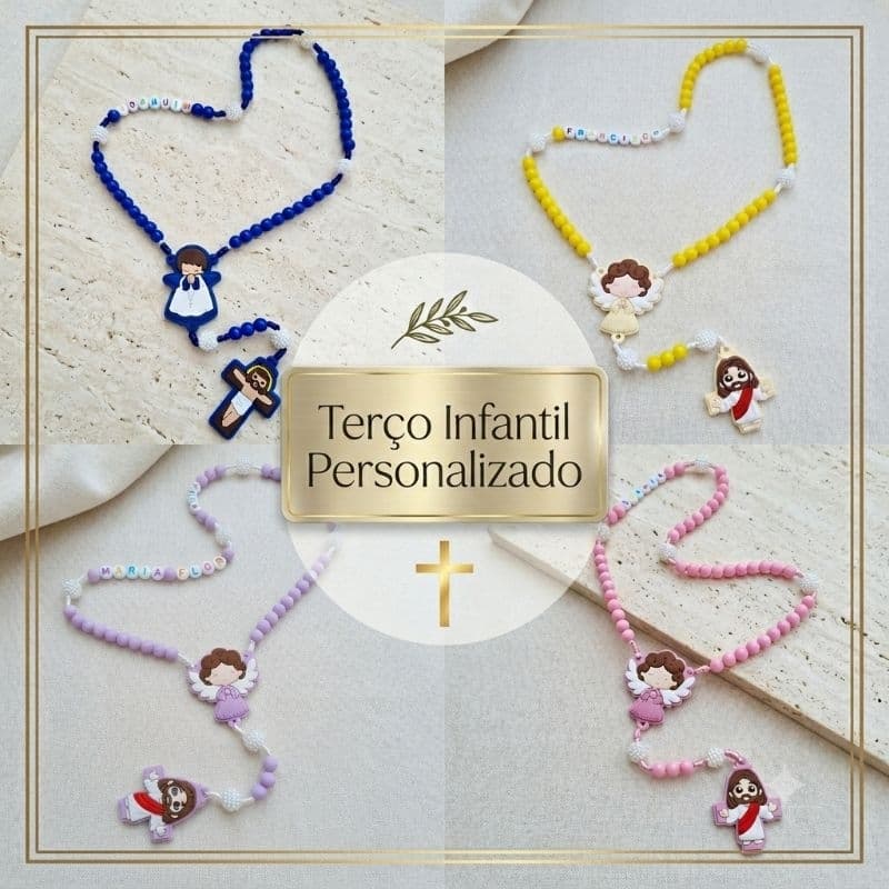 Terços infantis personalizados/Anjinho e Jesus emborrachados/ rosa amarelo lilás e azul/ Com o nome da sua criança