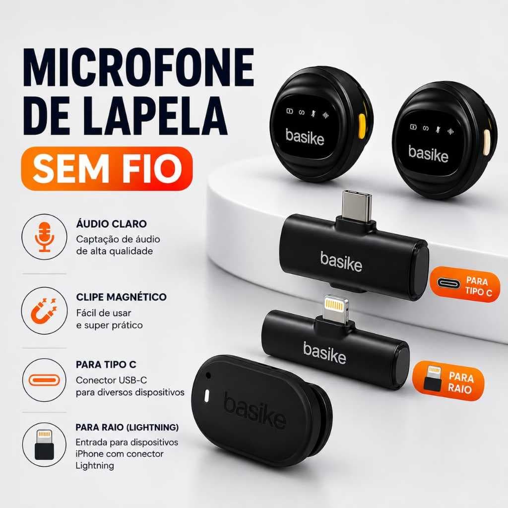 Microfone de Lapela Sem Fio Basike Tipo-C e Lightning Para Celular IOS, Android, Podcast, Live Vídeo