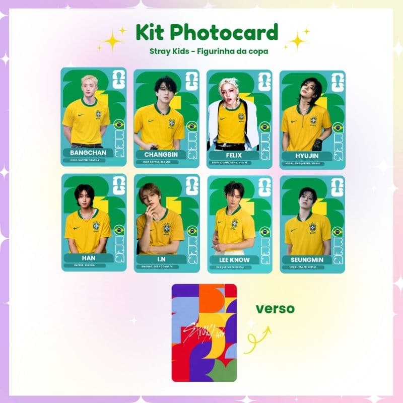 Kit 8 Photocards STRAY KIDS Brasil Copa do Mundo 2026 - Photocard Fanmade fotos prontas (LEIA A DESCRIÇÃO)