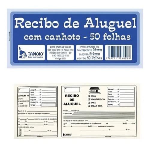 Bloco De Recibo De Aluguel Com Canhoto 50 Folhas Tamoio
