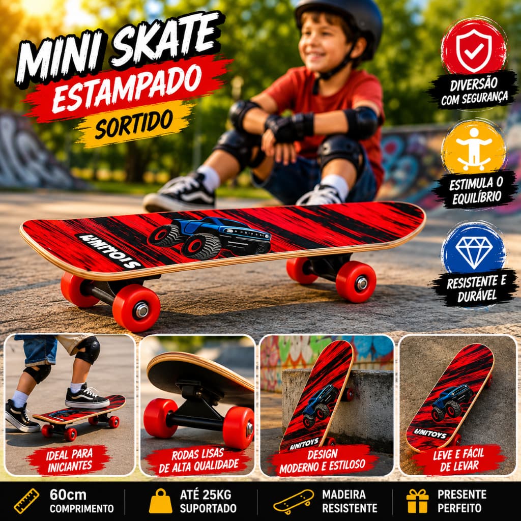Mini Skate Estampado Diversao Infantil Adolescentes Rodas Resistentes Sortidos