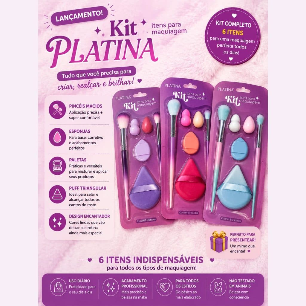 Kit Maquiagem Platina com Pincéis e Esponjas 6 Itens