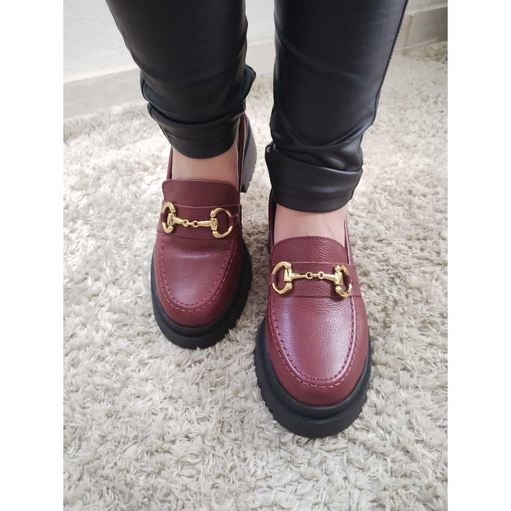 Taina Bergamo Mocassin Feminino Feito Em Couro Legitimo Tratorado Elegante Confortavel Cor  Vinho Marsala Bordo Vermelho