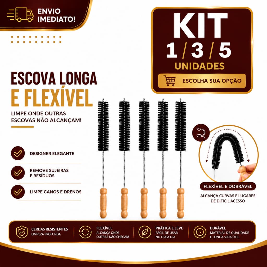 Escova Longa Grande 70 cm 1/2/3/4/5 Flexível para Limpeza de Máquina de Lavar Roupa Canos, Drenos, Garrafas