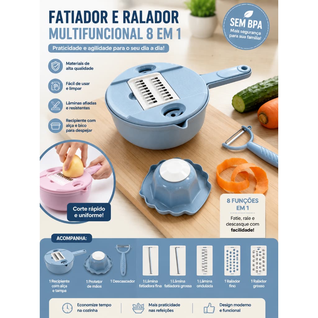 Kit Cortador De Legumes Multifuncional 12 Peças Ralador Fatiador Manual