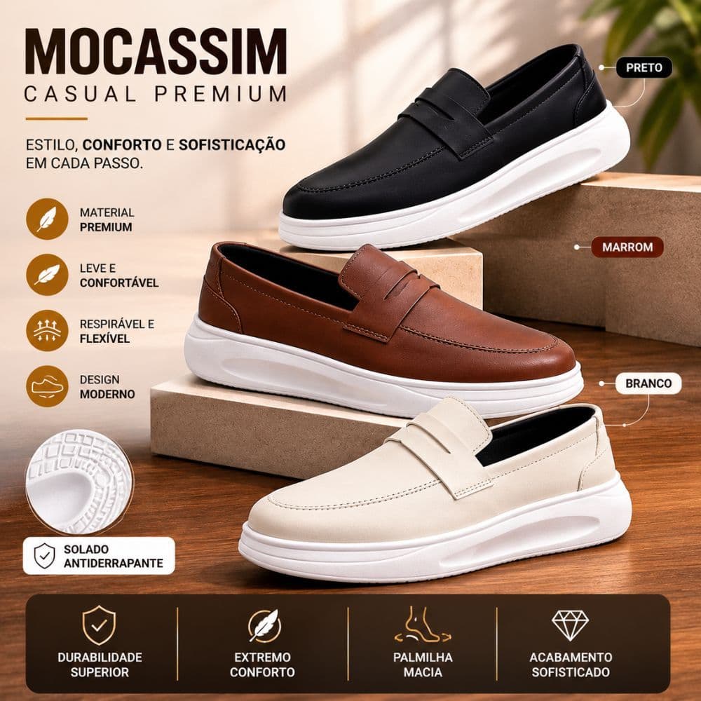 Sapato Mocassim Masculino Loafer Casual Moda Social Sola Alta Antiderrapante Confortável Couro