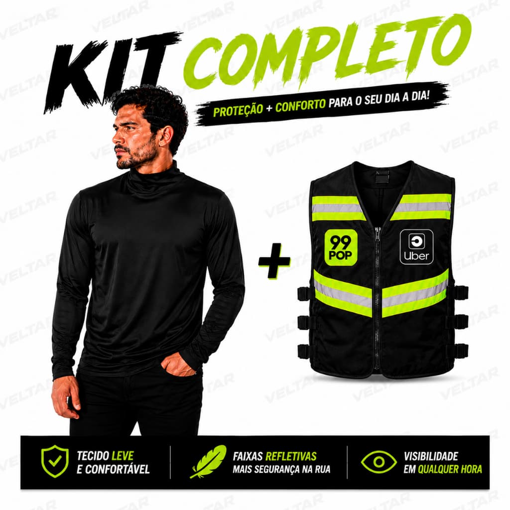 Kit Colete Refletivo Uber Moto 99 Pop Motoboy com Zíper + Blusa gola alta