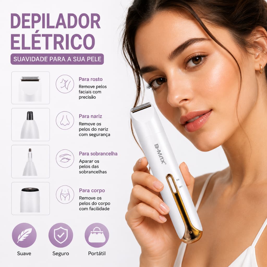 Depilador Elétrico Feminino 4 em 1 Recarregável USB, Sem Dor para Corpo, Rosto e Sobrancelha