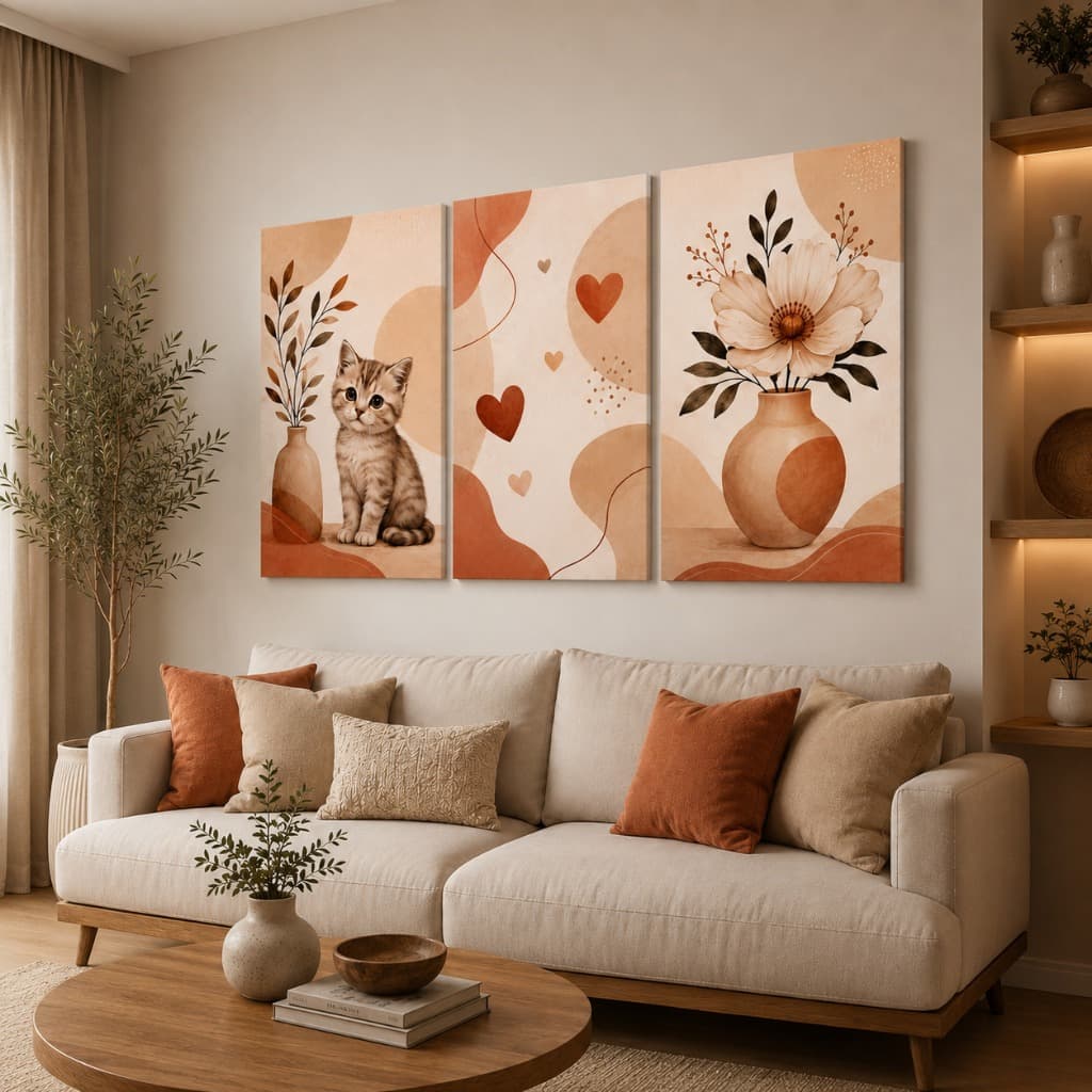 Kit 3 Quadros Gato Fofo com Flores Boho Minimalista Decorativo Infantil