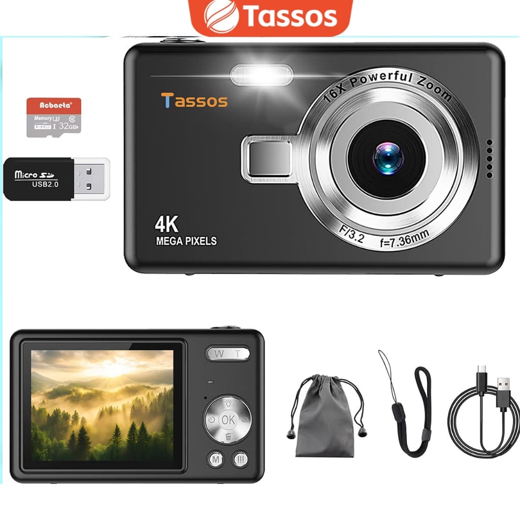 TASSOS Câmera Digital 48MP 4K HD 1080P Zoom 16X Estabilizador Anti Shake Compacta Portátil Para Estudante Viagem