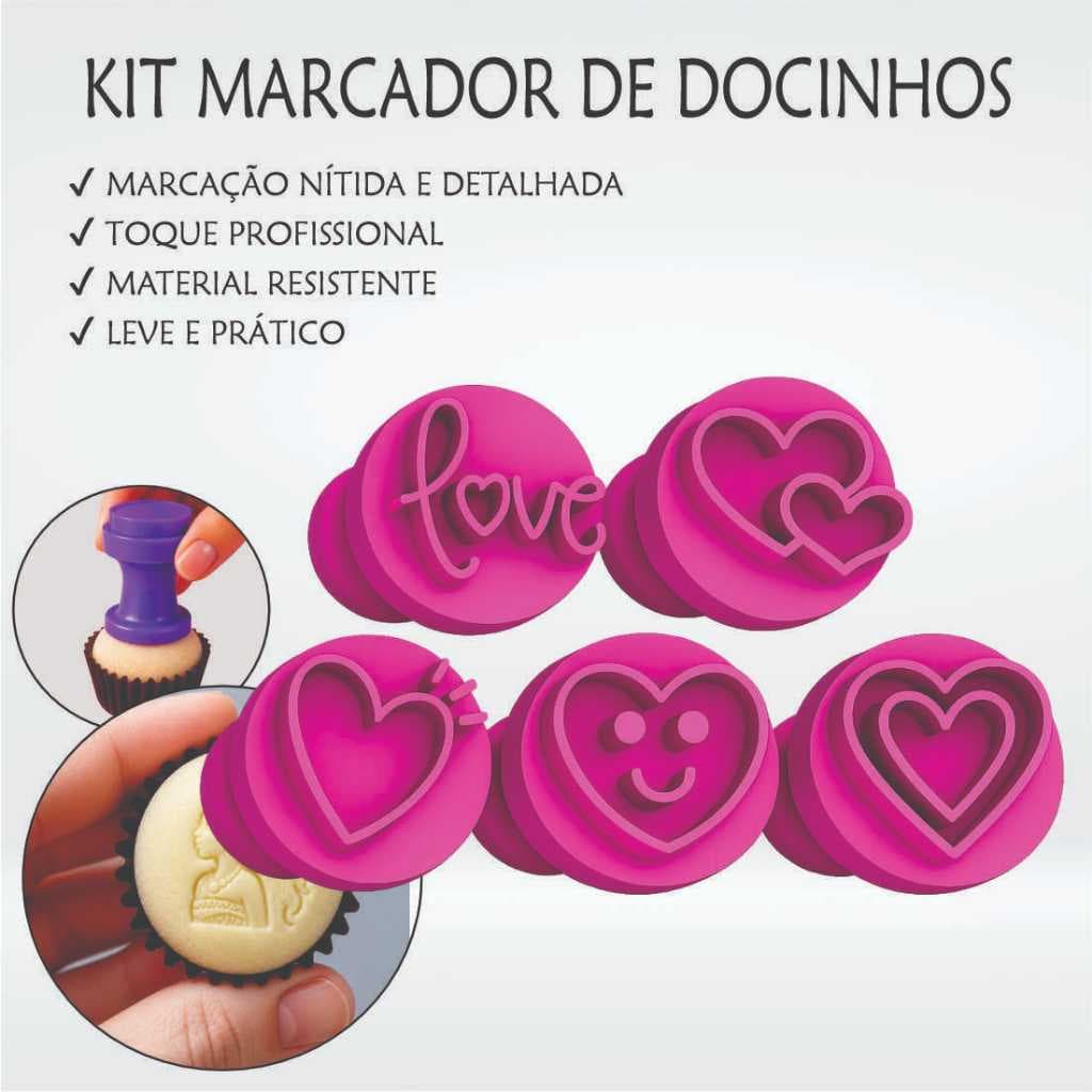 Kit 5 Carimbos p/ Doces AMOR, LOVE Decorar Brigadeiros, Cupcakes e Confeitaria Marcador de docinhos