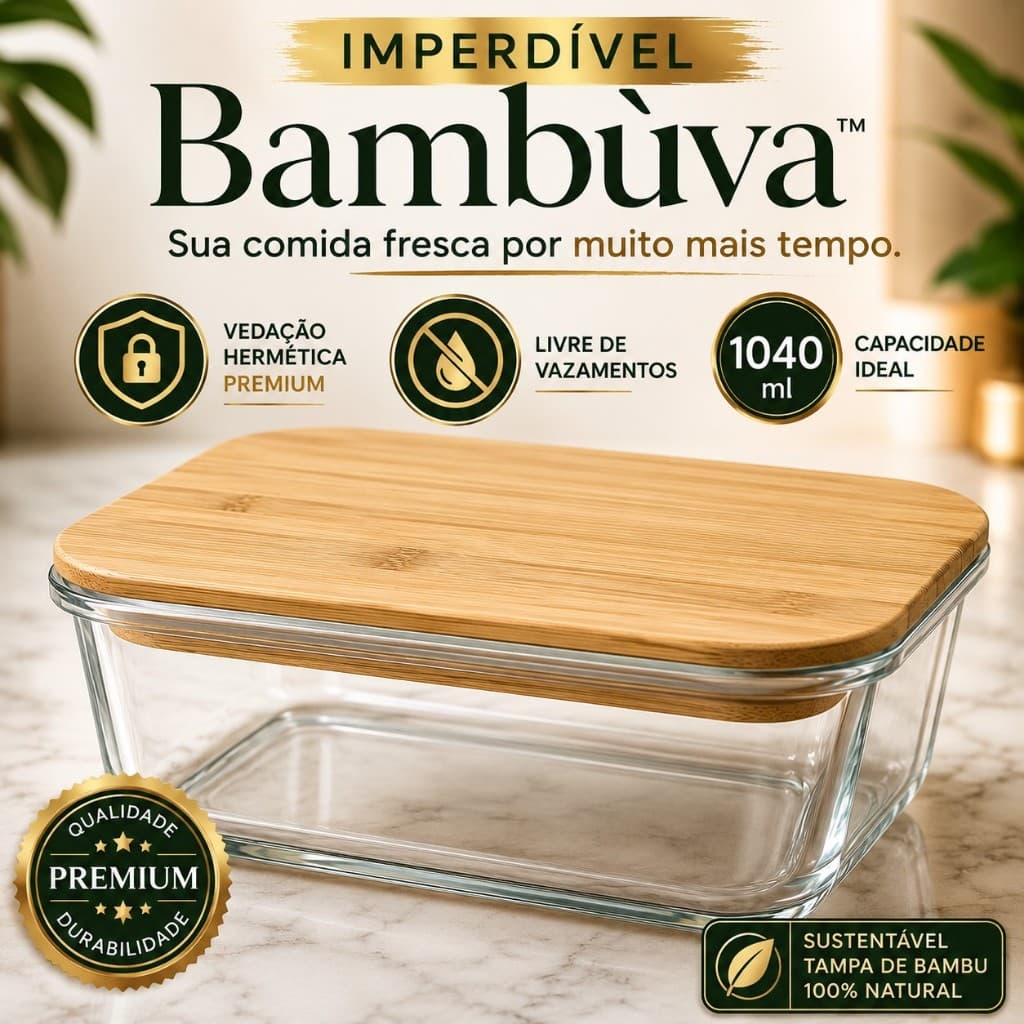 Pote Hermético de Vidro 1040ml Tampa Bambu Marmita Premium Sem Vazamentos