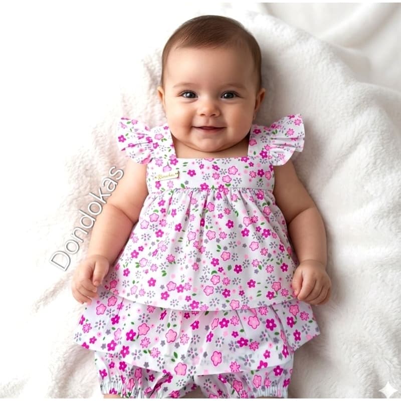 Conjunto Bebe Batinha com Alça Babadinho e Short Saia Estampados Meses Roupa de Bebe Menina 0 a 5 Meses