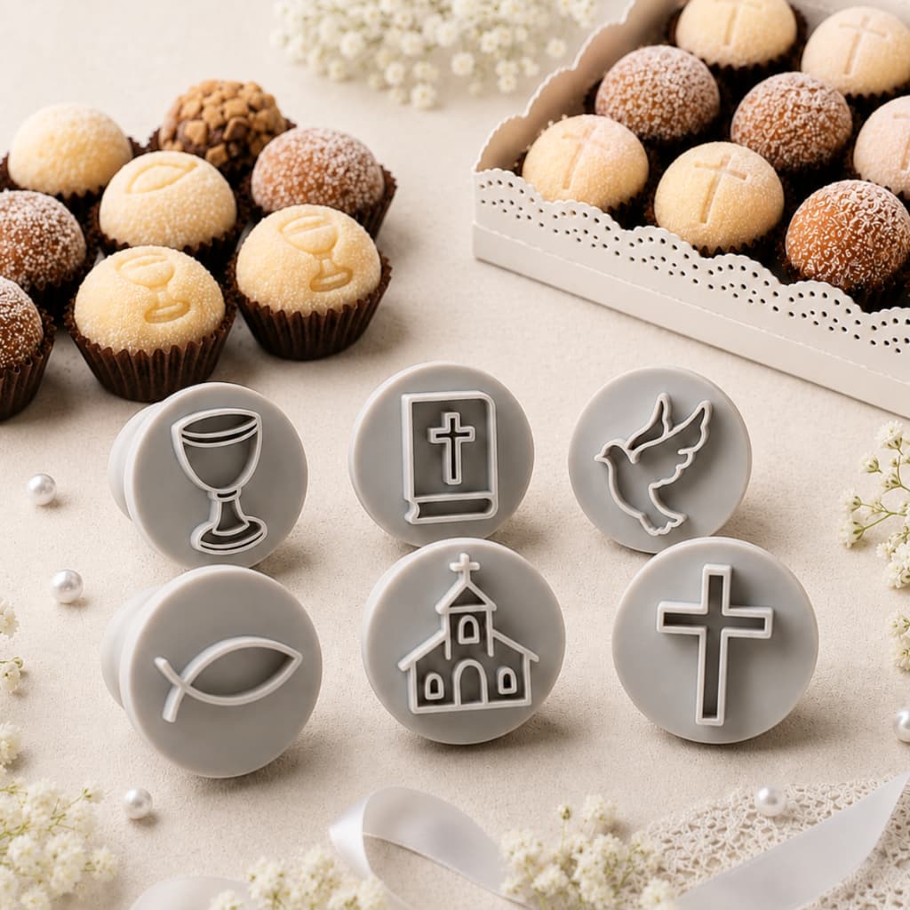 Kit Carimbo Brigadeiro Marcador Igreja Batizado Crisma 6 Peças Batismo Docinho Molde Confeitaria