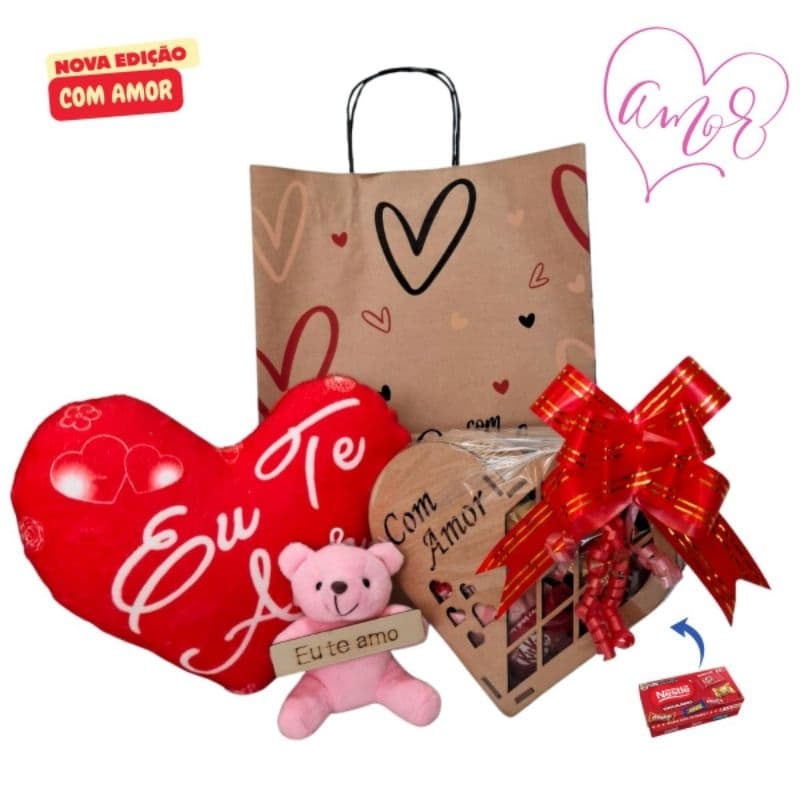 Cesta/Kit Presente Aniversário/Mãe/Namorado/Namorada/Professora - Chocolate Almofada Urso Pelúcia