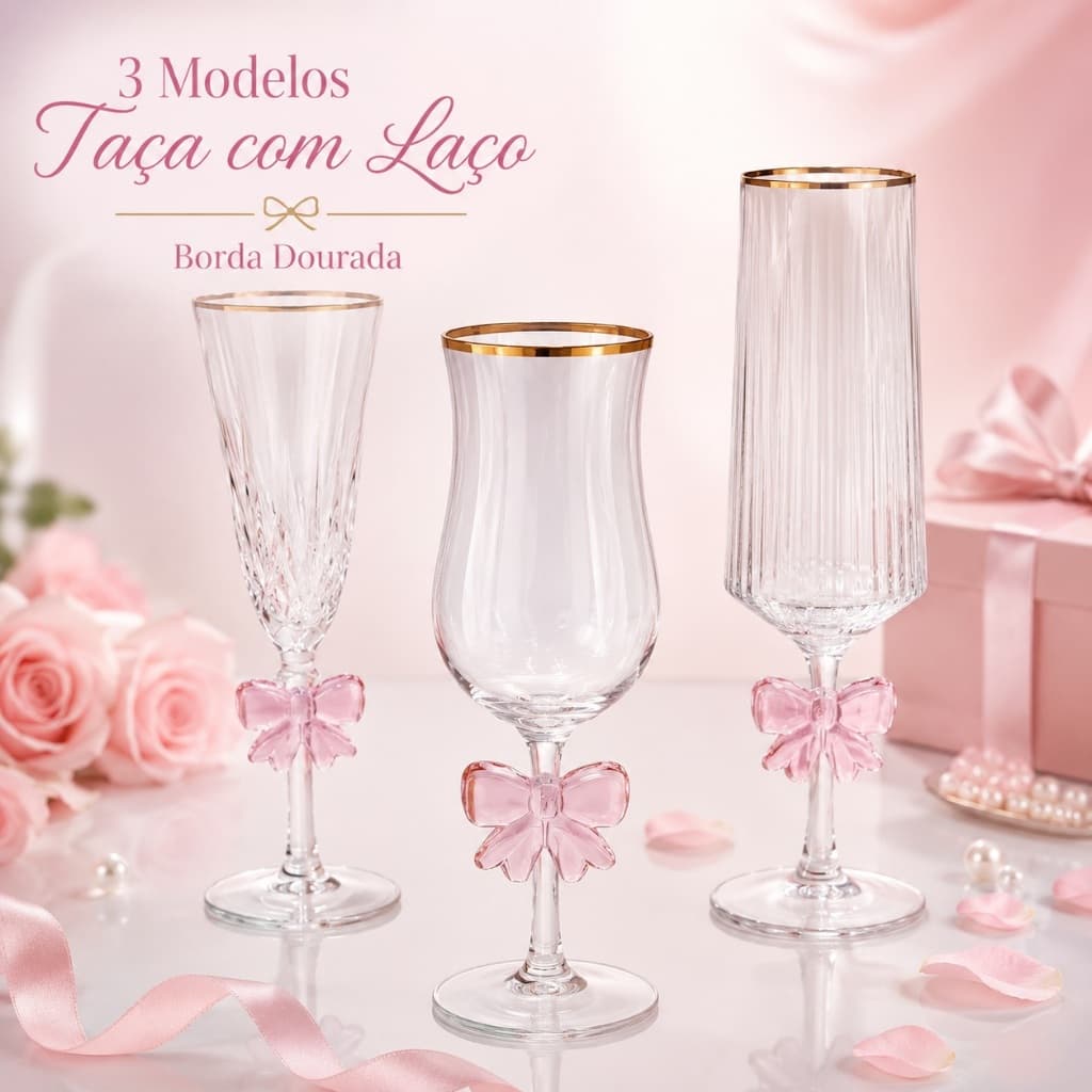 Taça de Vidro Taça Decorativa Com Laço Rosa Borda Dourada Para Champanhe Espumante