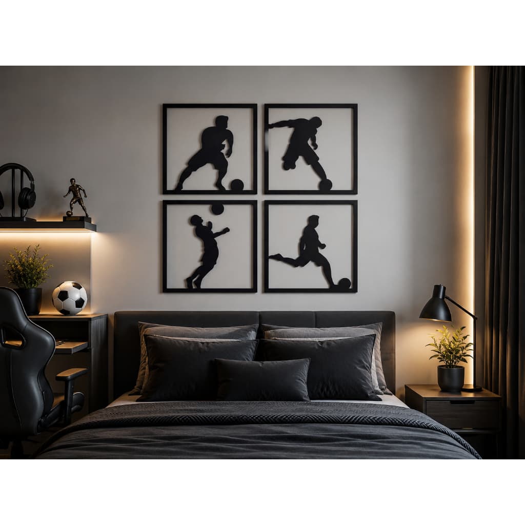 Quadros Decorativos Futebol MDF Preto Kit 4 Peças Para Parede Quarto Sala