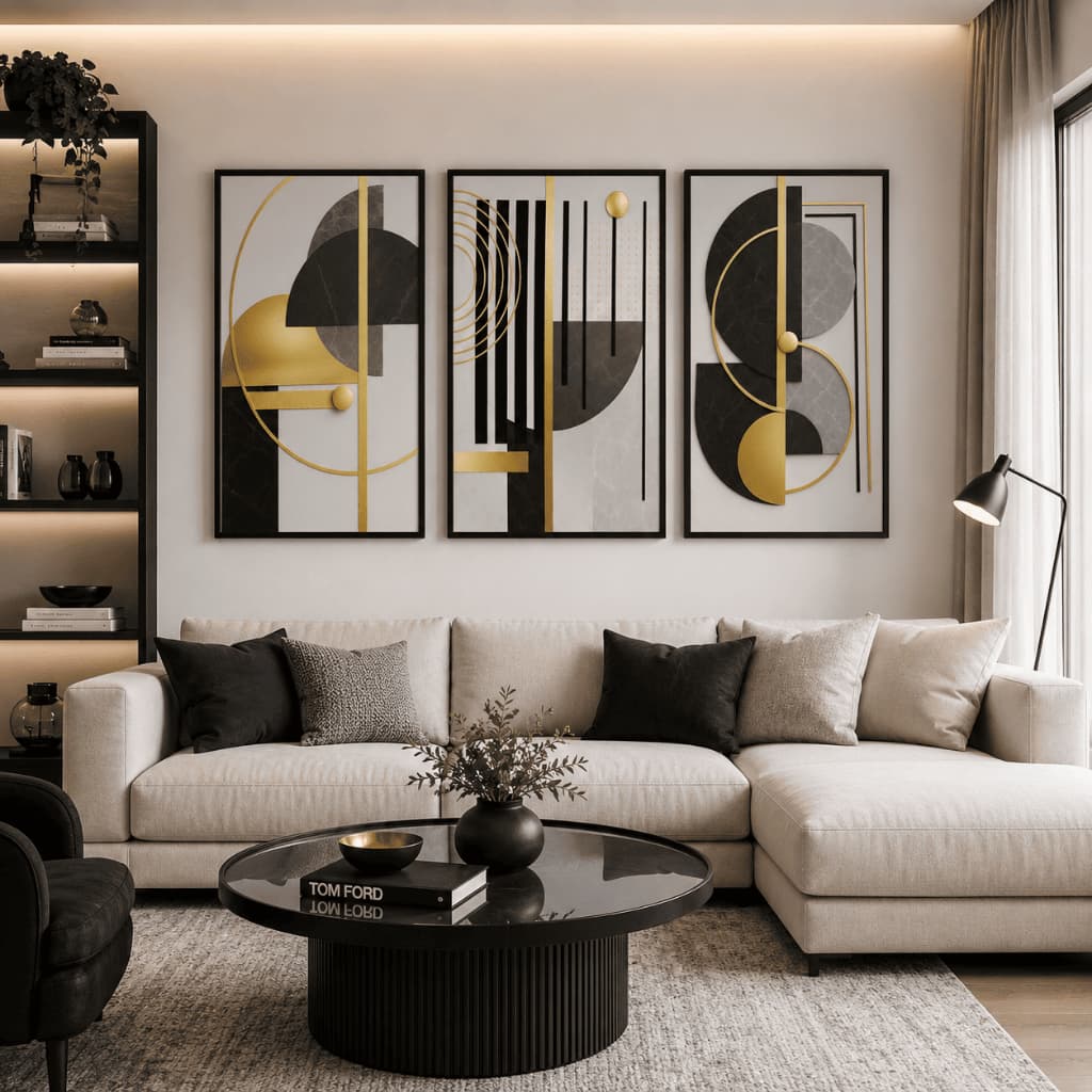 Kit 3 Quadros Decorativos 60x90 cm Moldura e Vidro Para Sala Quarto Escritório Moderno