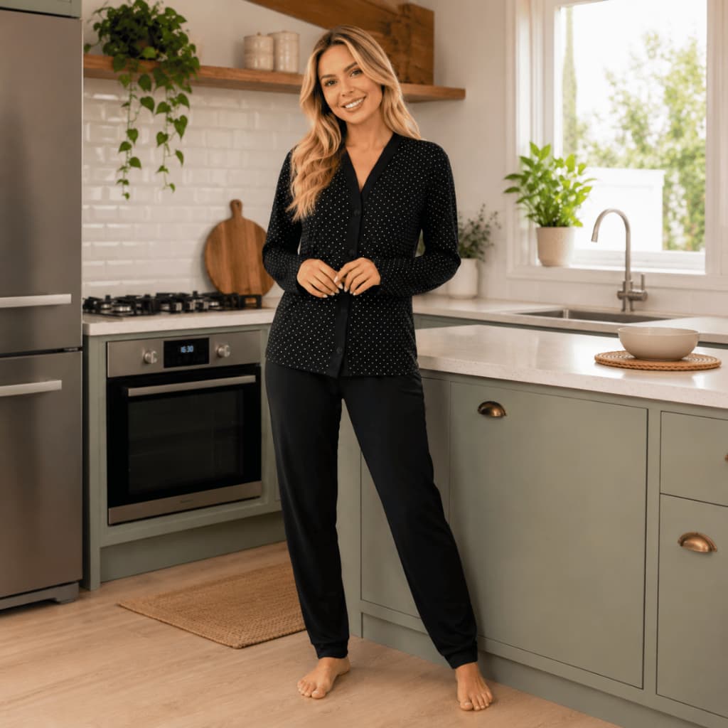 Pijama Longo Botão Aberto Feminino Estampa Pós Parto Inverno Amamentação Confortável Malha Promoção