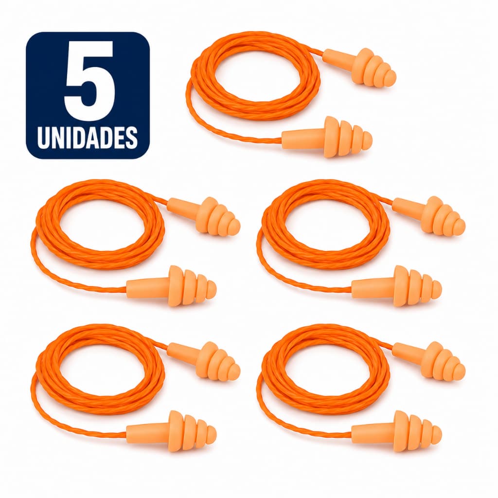 Kit 5 Protetores Auriculares de Silicone com Cordão Reutilizável EPI