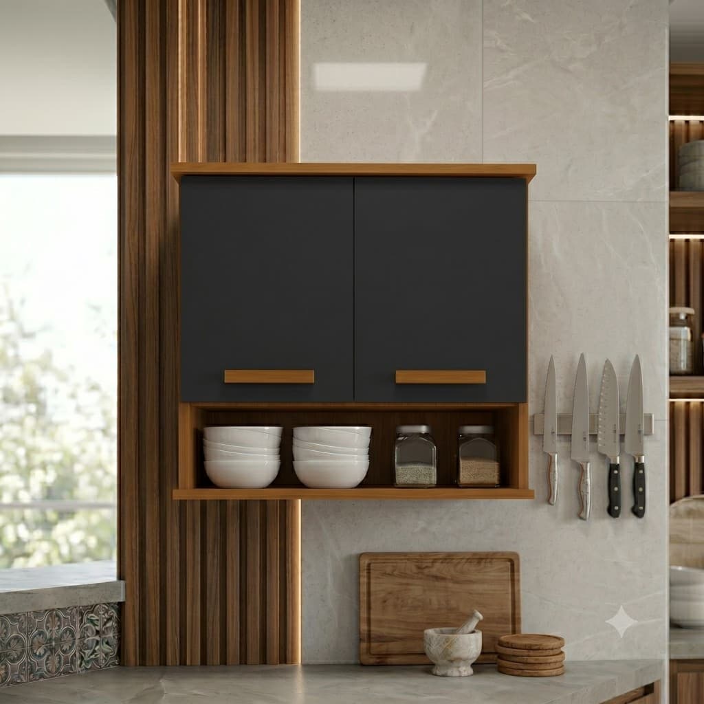 QUEIMA DE ESTOQUE - Armário de Parede Aéreo para Lavanderia Cozinha com 2 portas Puxador em Madeira