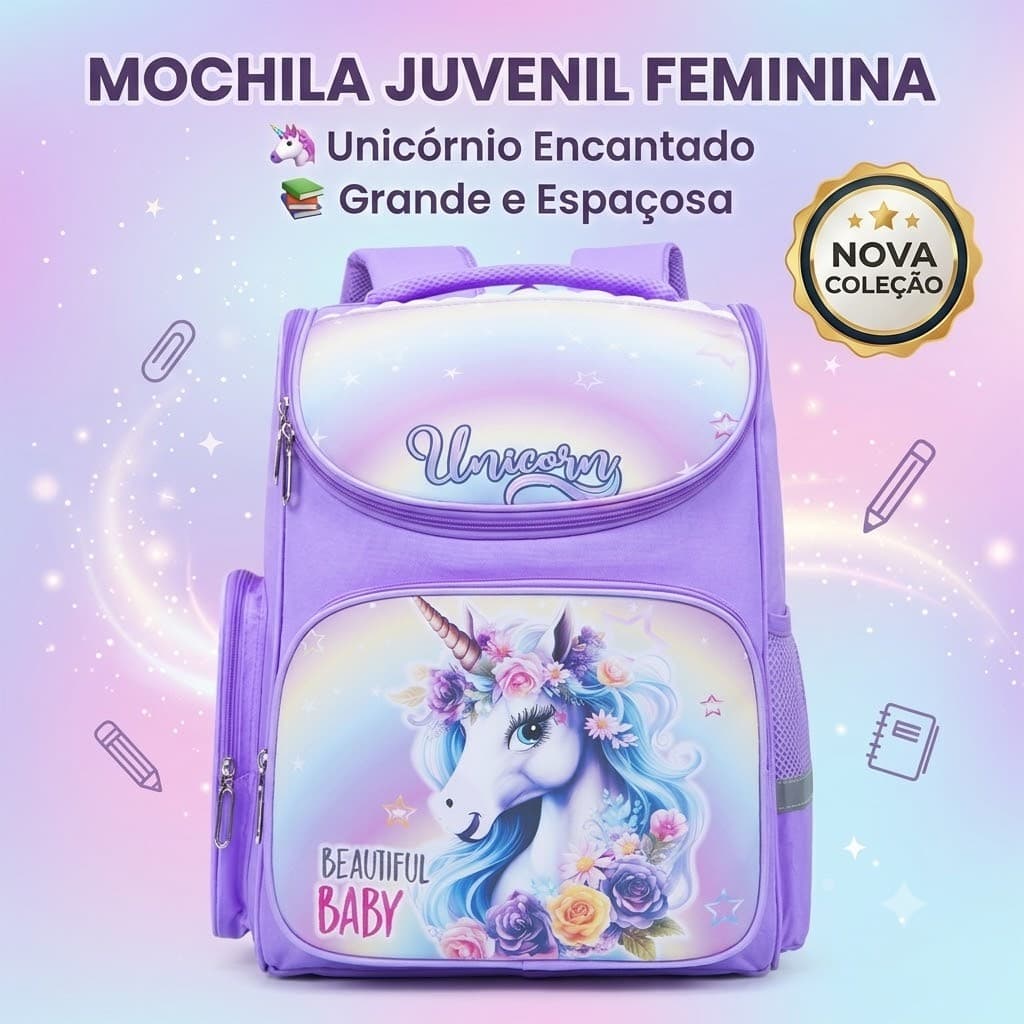 Mochila Juvenil Feminina Escolar Unicornio Grande 46cm Menina Reforçada Impermeável Lilás Rosa
