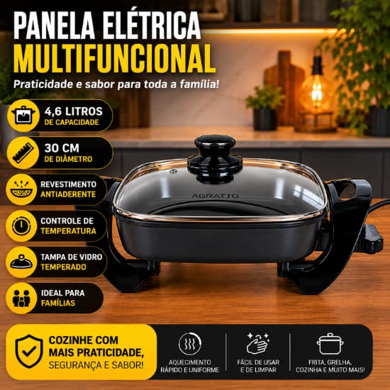 Panela Elétrica Multifuncional 4,6L 220v Antiaderente 30cm Tampa de Vidro Grande Capacidade Cozinha Prática