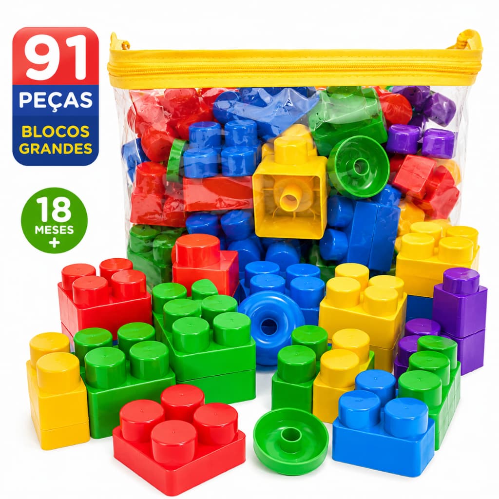 Blocos de Montar Didáticos 91 Peças Grandes Brinquedo Infantil 18M+